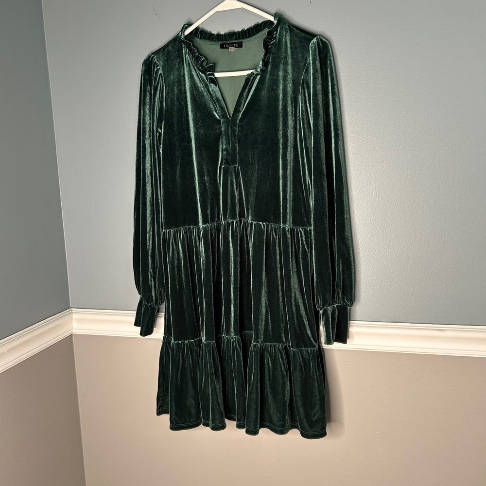 1.STATE Womens Green Velvet Tiered Ruffle Mini Dress Long Sleeve Emerald S